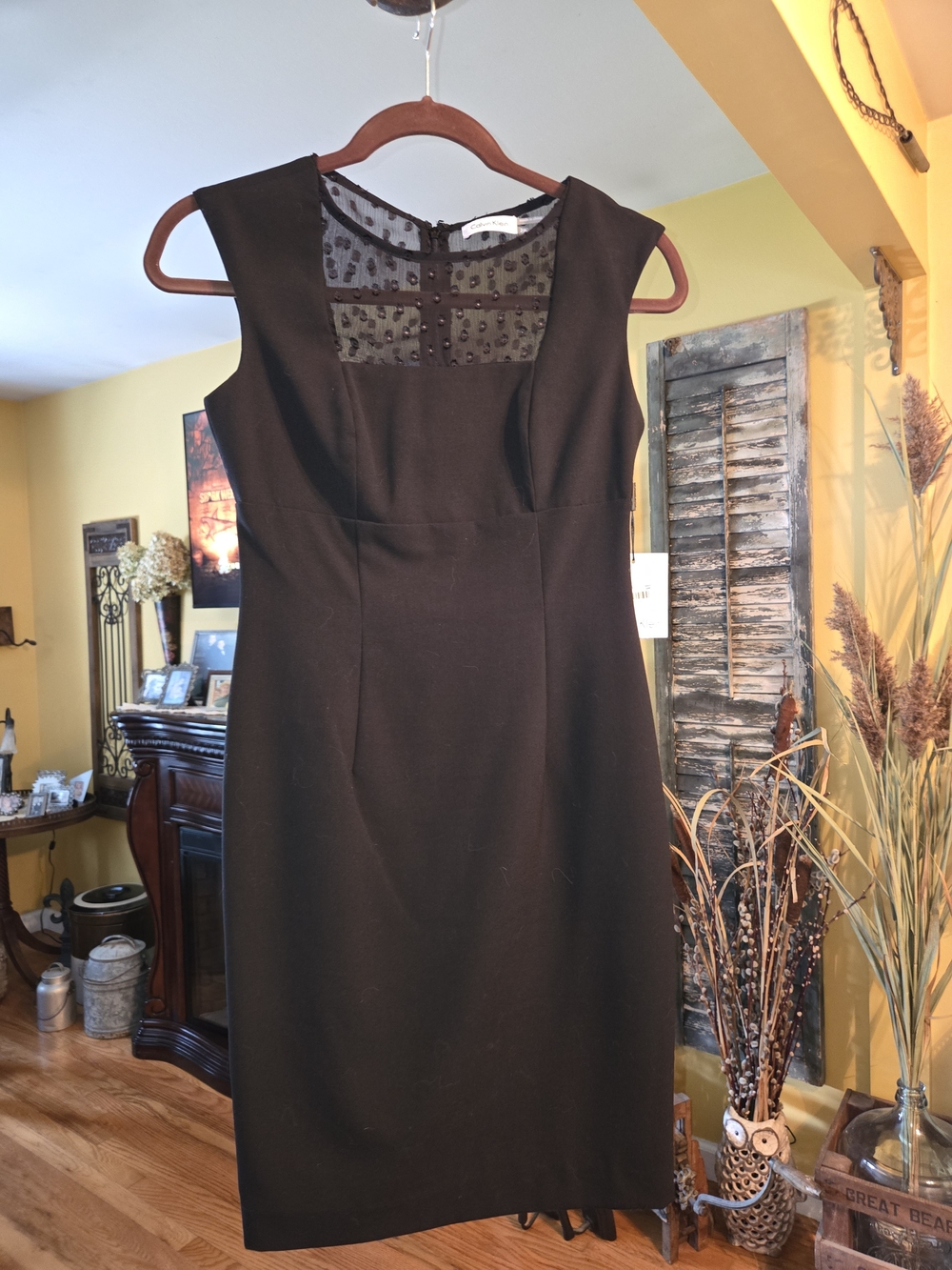 Calvin Klein Black Midi Sheath Dress with Sheer Polka-Dot Yoke
